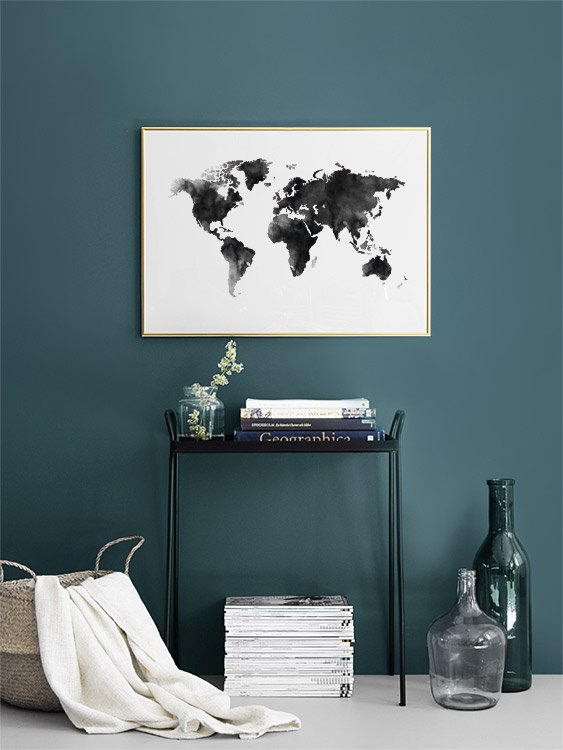 Black Watercolour Map of the World Europe Asia America Poster Print X1264 