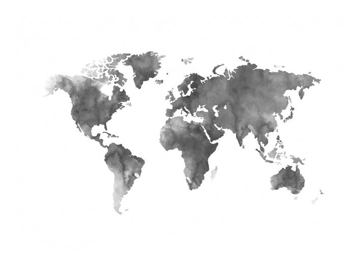 World Map Grey Watercolour, Print (70x100 cm)- Maps & cities posters