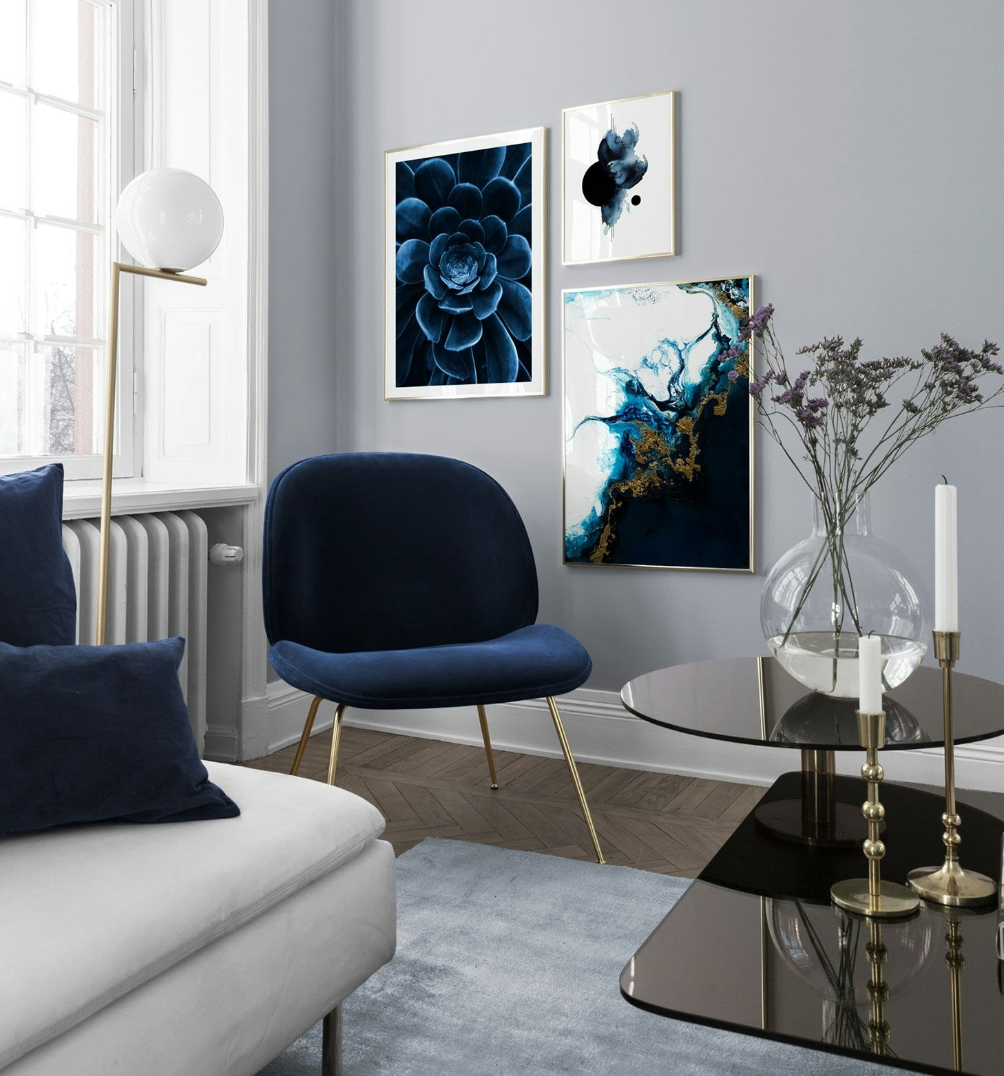 Blue on blue gallery wall