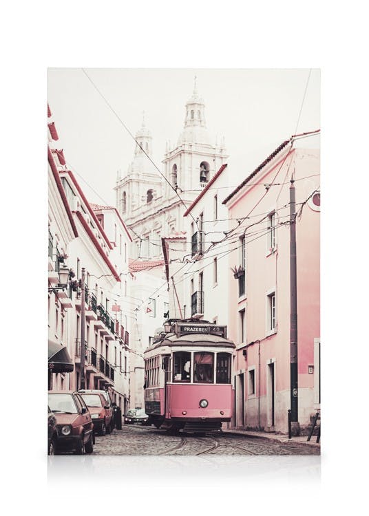 Canvas Schilderijen Pink Tram Canvas (50x70 cm - Fotolijst Eiken)