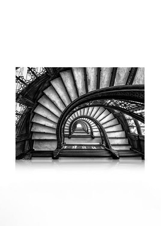 Circular Staircase Tableau sur toile (50x70 cm - Cadre de chêne) - Noir et blanc