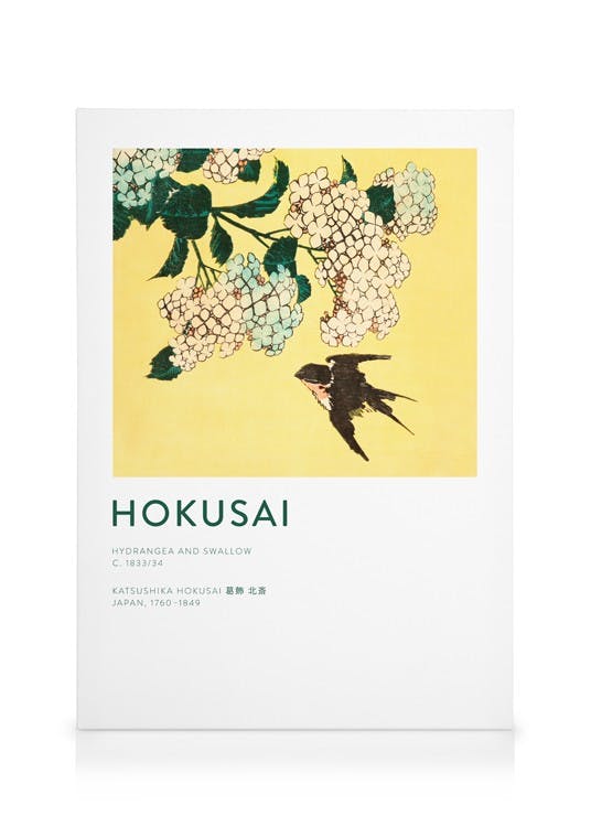 Canvas Prints Hokusai - Hydrangea and Swallow Canvas print (30x40 cm - Oak Frame)