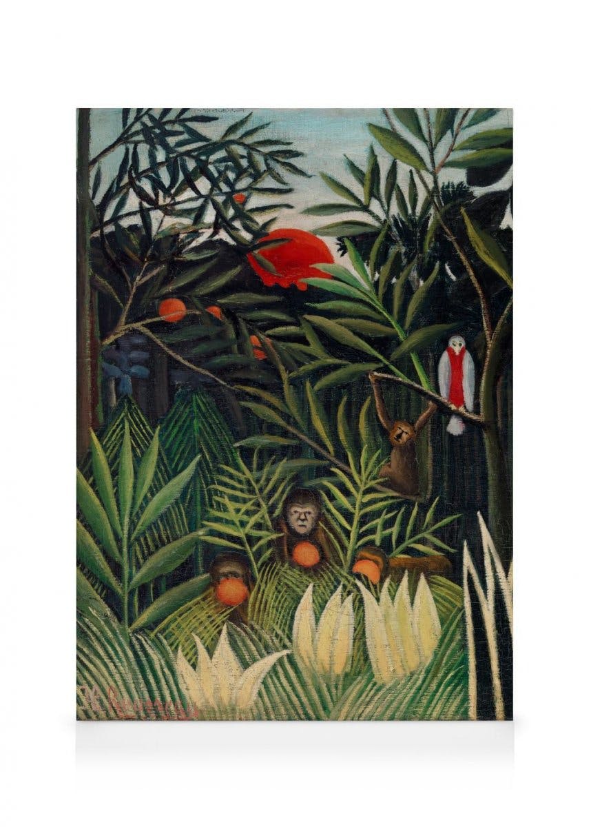 Obrazy na płótnie Rousseau - Monkeys and Parrot in the Virgin Forest Obraz na płótnie (30x40 cm - Ramka dębowa)
