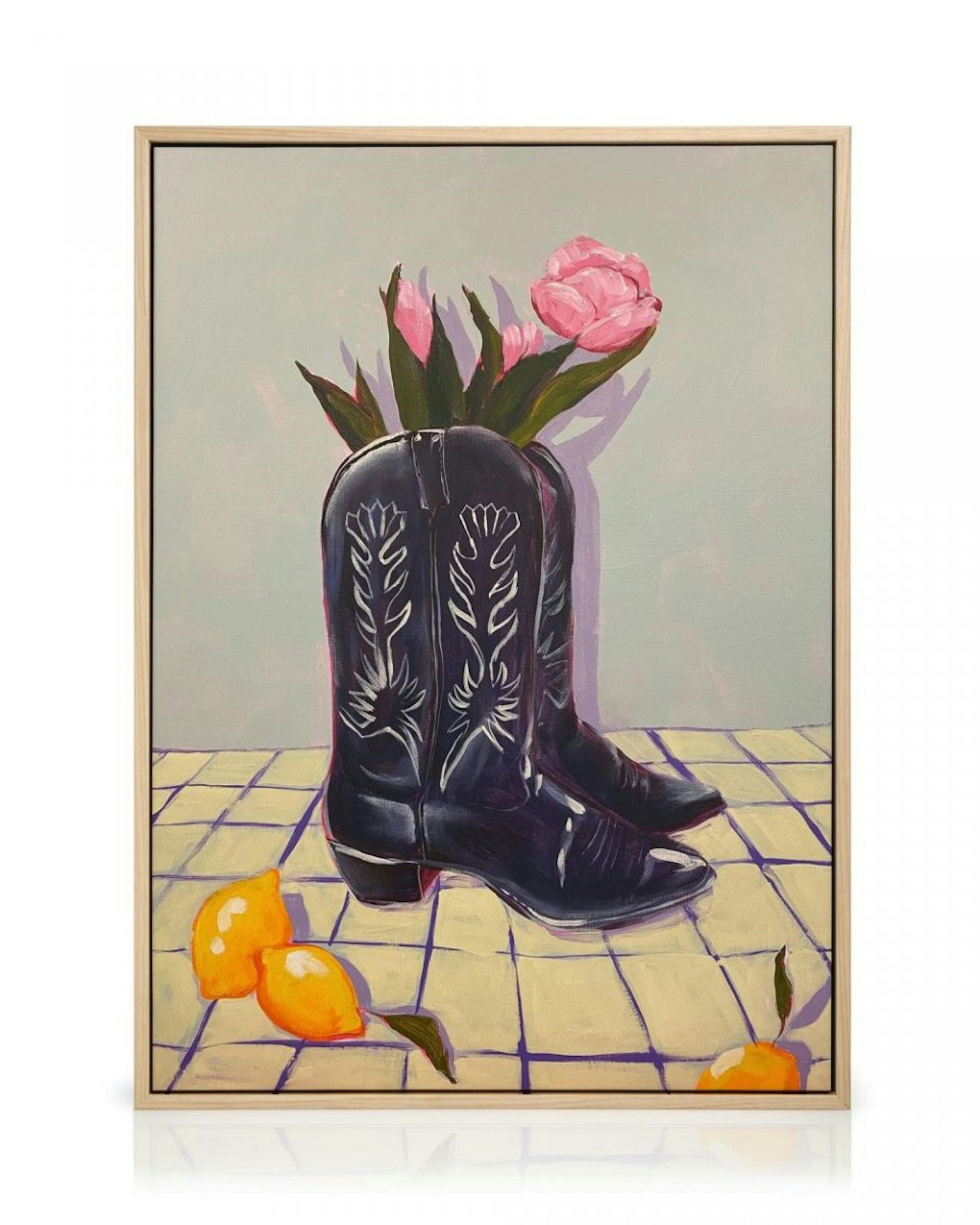 Lindsey Cherek - Still Life with Tulips in Boots Canvastavla