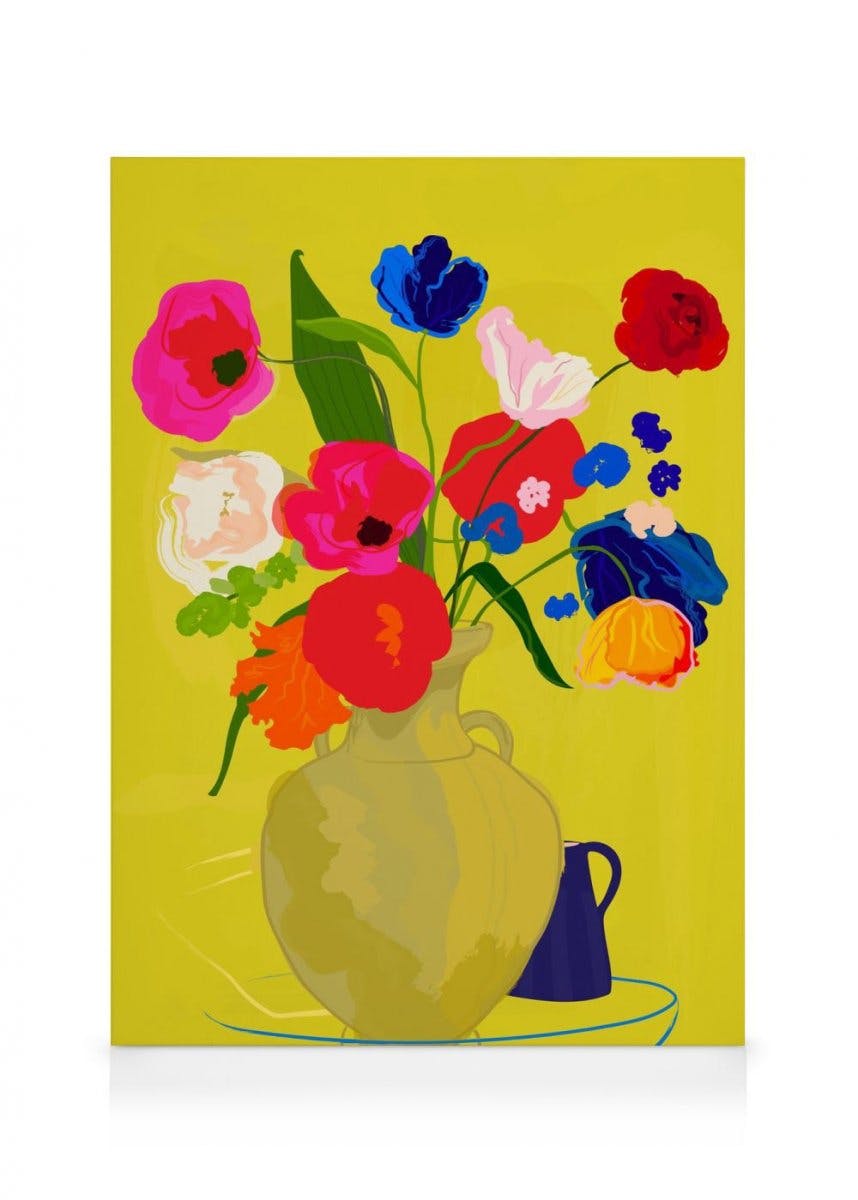 Canvas Schilderijen Rachel Joanis - Vase With Flower in Gold Canvas (50x70 cm - Fotolijst Eiken)