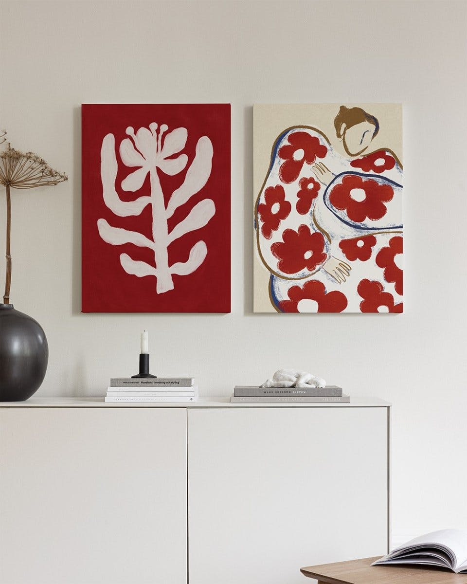 Red Florals Obrazy na płótnie Duo (50x70 cm - Ramka dębowa)