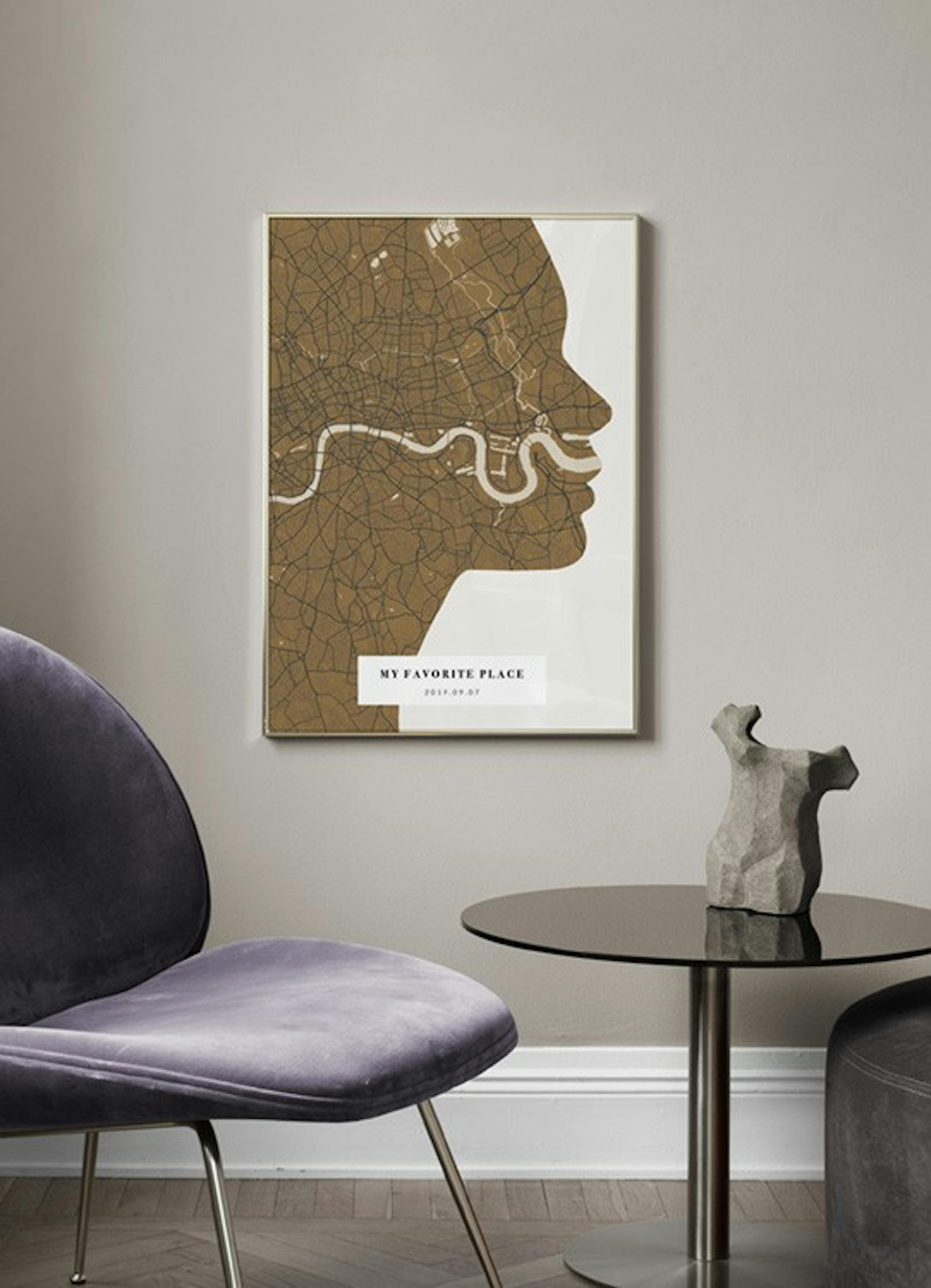 Silhouette Map Vintage Mustard Personal Affiche
