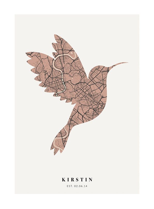Bird Map Vintage Pink Personal Affiche (30x40 cm) - Affiches personnalisées
